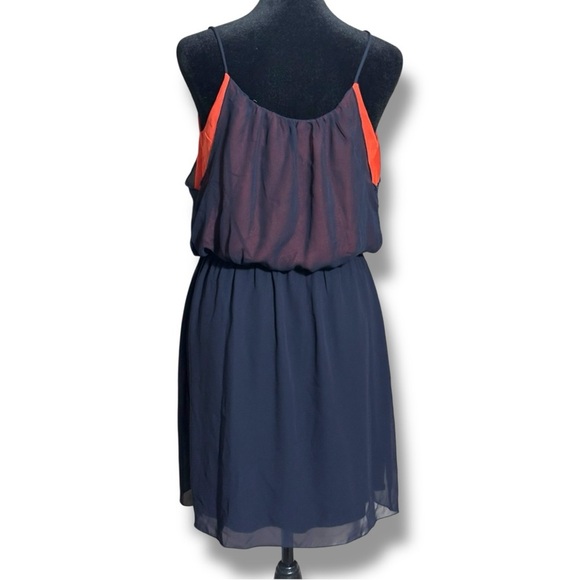 Sweet Storm Sheer Navy Blue Over Orange Gathered Waist Sleeveless Mini Sundress - Picture 5 of 14